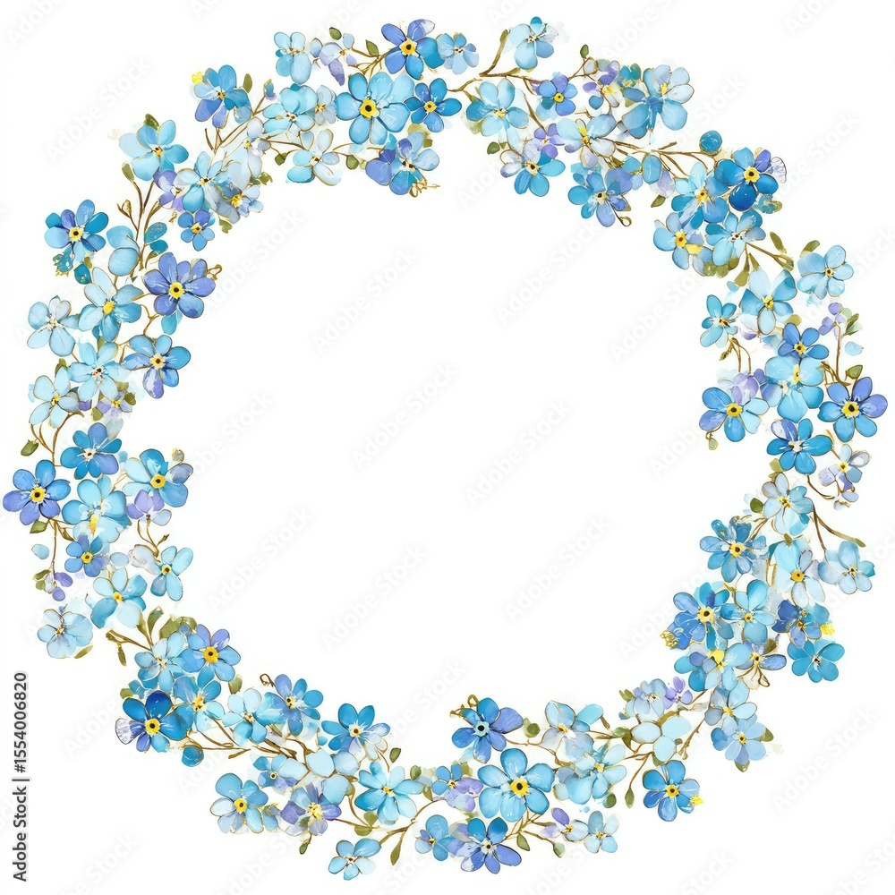 A circular wreath of delicate blue forget-me-not flowers A circular wreath of delicate blue forget-me-not flowers