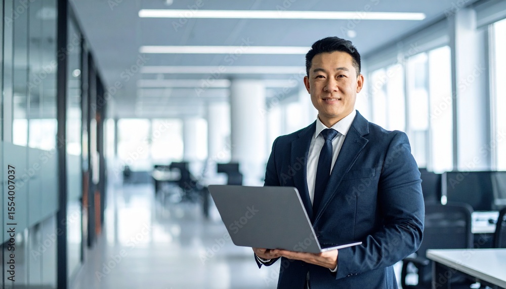 A Korean man in a suit holding a laptop computer to the right, with luxury office furniture in the blurred background A Korean man in a suit holding a laptop computer to the right, with luxury office furniture in the blurred background