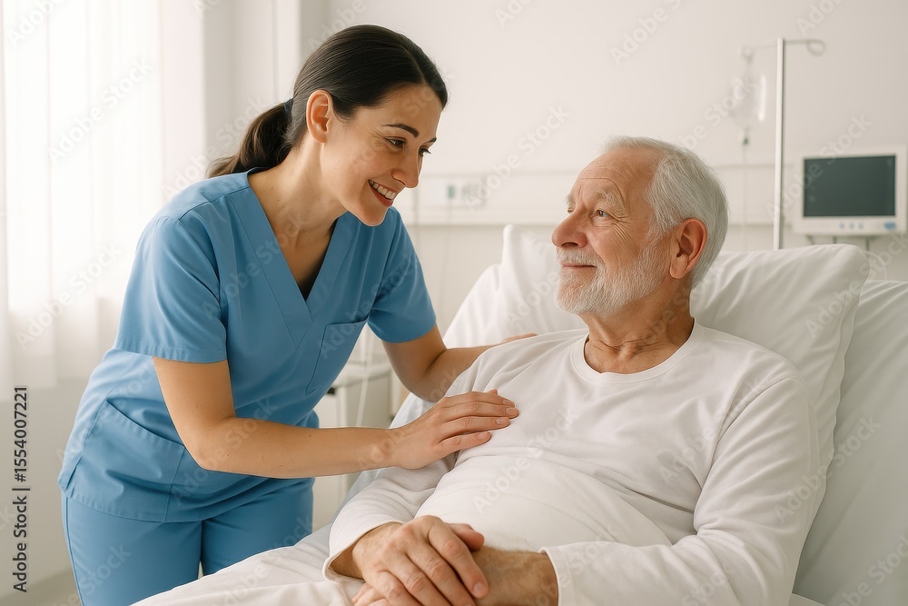 Obraz premium Compassionate healthcare nurse providing gentle care to elderly patient in modern hospital room