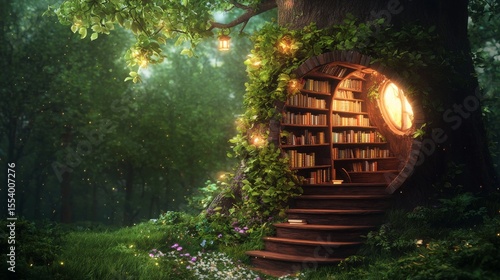 An enchanted library treehouse hidden in a forest