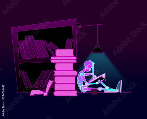 Humanoid robot reading book, sitting against bookshelf, lit by hanging lamp. Stack of books and mug of coffee are beside it. Concept of deep learning, artificial intelligence and machine learning.
