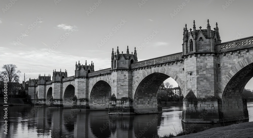Fototapeta premium Monochrome view of a stone bridge with arches over water reflecting the structure above in the day