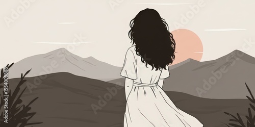 Solitary Contemplation: A figure in a simple dress stands with her back to the viewer, gazing upon a breathtaking vista of mountains and the setting sun.