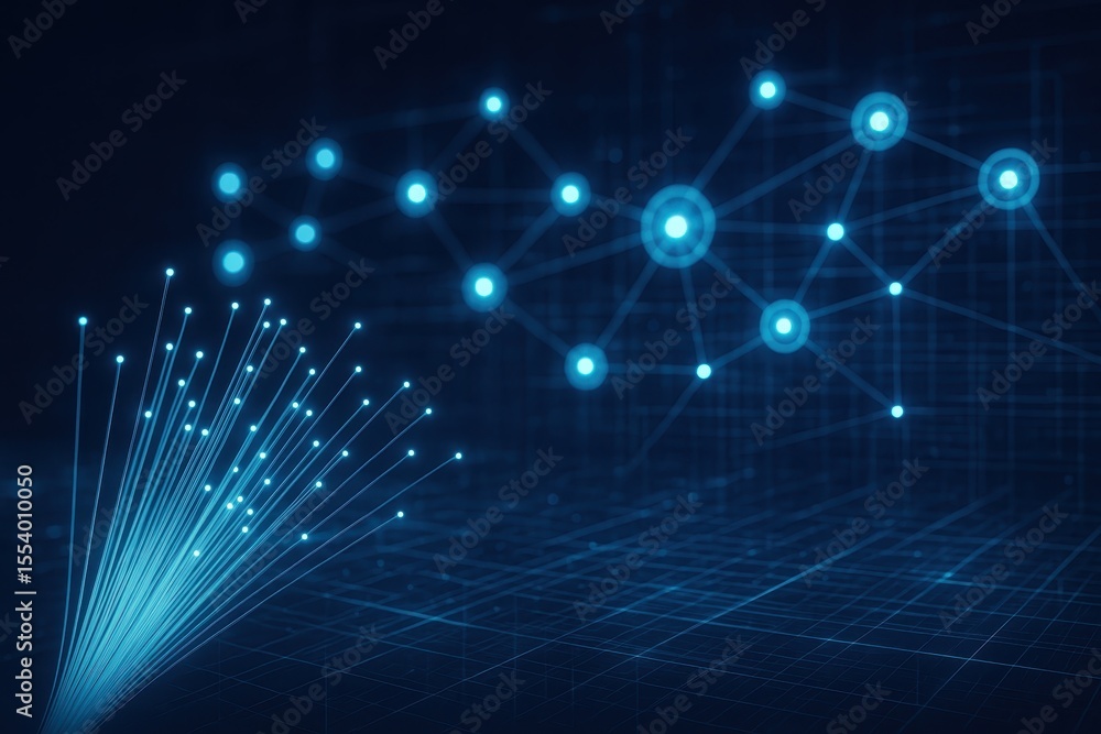 Fototapeta premium Quantum computing network with illuminated fiber optic connections displaying global electronic intelligence system