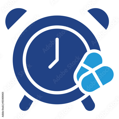 The black glyph icon of a clock and a medicine capsule shows the concept of conveying messages regarding time, schedule, and intervals in taking medicine.