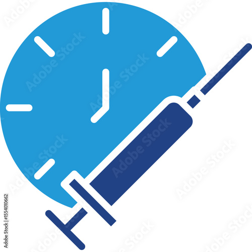 Syringe and clock time icon to symbolize injection effect duration schedule, vaccination time, immunization, or injection reminder