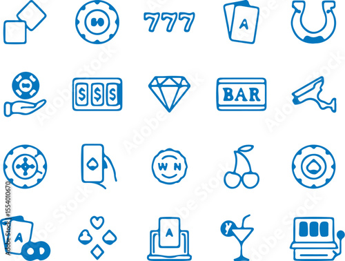"Casino and Gambling Icons in Blue Outline Style"