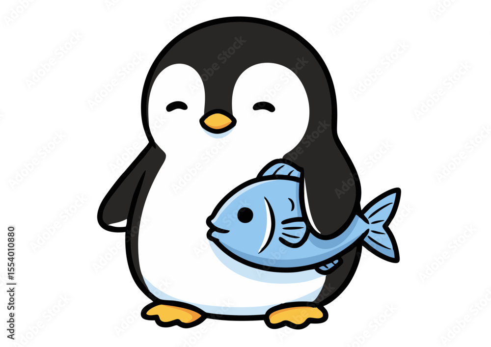Obraz premium Adorable Penguin Illustration Cute Cartoon Penguin Holding Fish