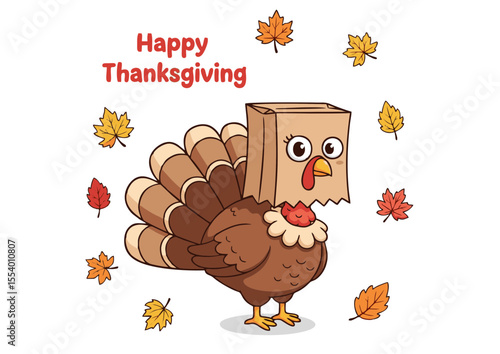 Funny Turkey with Paper Bag on Head, Happy Thanksgiving Cartoon with Autumn Leaves Design