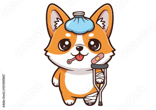 Adorable Sick Corgi Cartoon  Injured Puppy with Ice Pack and Crutches