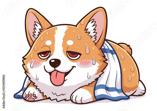 Adorable Sweaty Corgi Cartoon Illustration Summer Heat Exhaustion