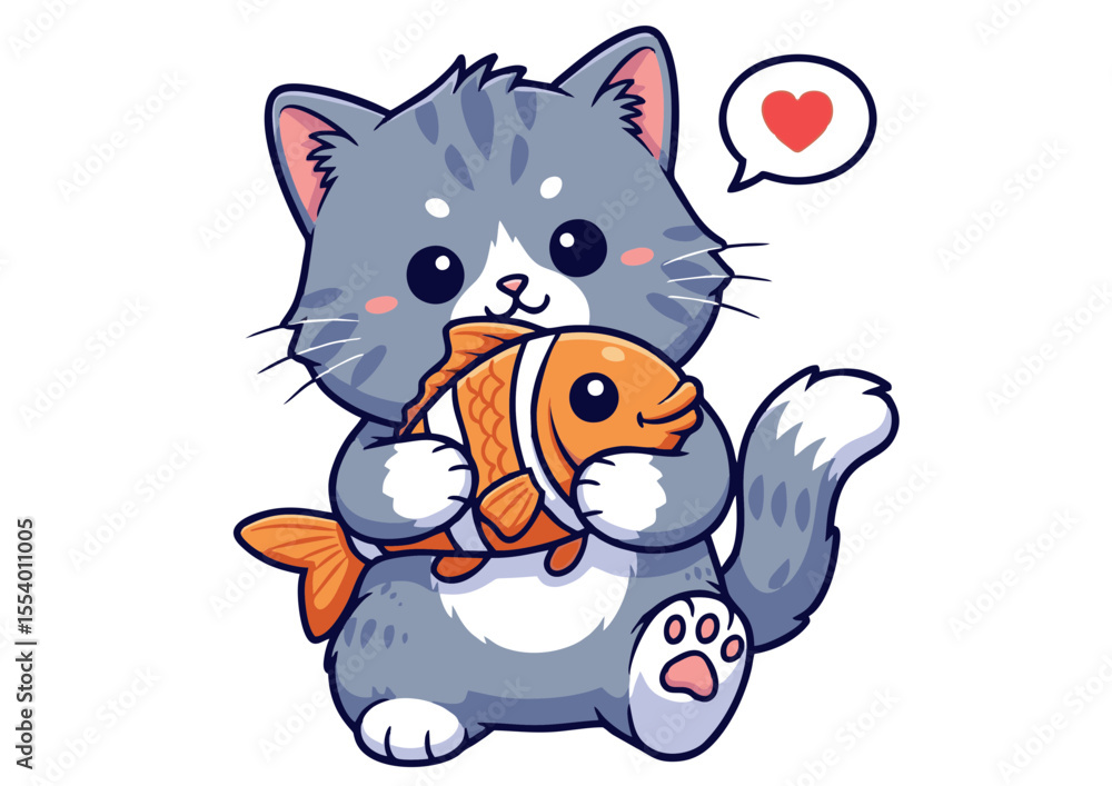 Obraz premium Adorable Gray Kitten Gently Holding an Orange Fish Cute Cartoon Illustration