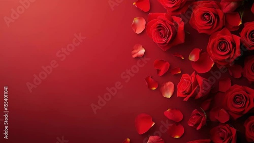 Red rose flower petals scattered red background create romantic and elegant floral atmosphere with vibrant color and soft texture perfect for love and nature celebration themes background petal
