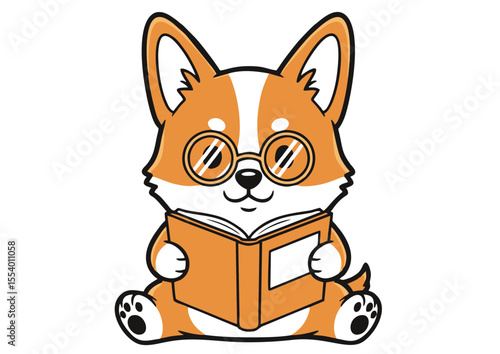 Adorable Corgi Puppy Reading a Book Cute Cartoon Illustration