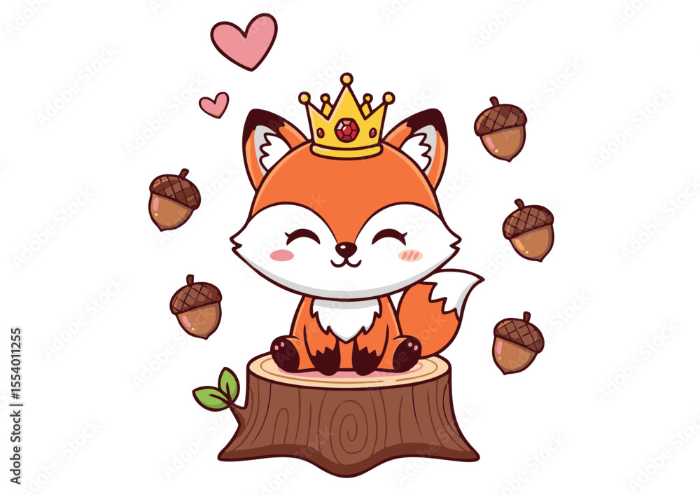 Fototapeta premium Adorable Cartoon Fox Princess Wearing a Crown, Sitting on a Tree Stump Surrounded by Acorns