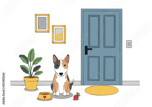 Adorable Bull Terrier Puppy at Home Interior Design Illustration