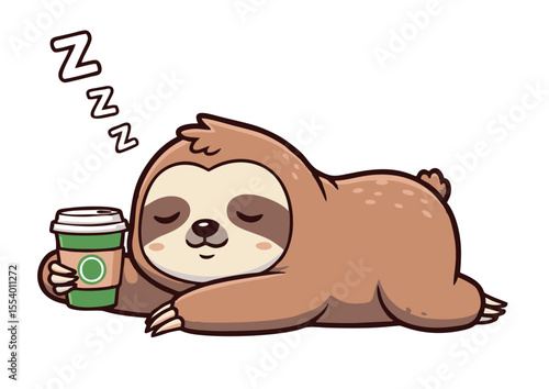 Adorable Sleeping Sloth with Coffee Cute Cartoon Illustration
