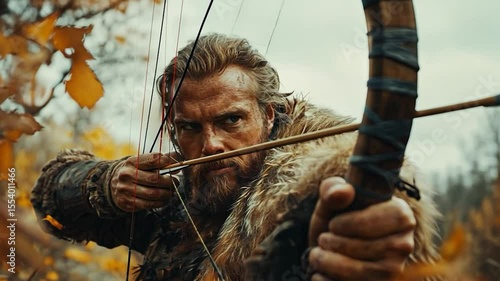 Focused archer in autumn woods