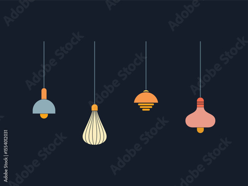 Decorative pendant light designs. Vector artwork hanging lamps with unique shapes and colors. Suitable for posters, web design, or branding.
