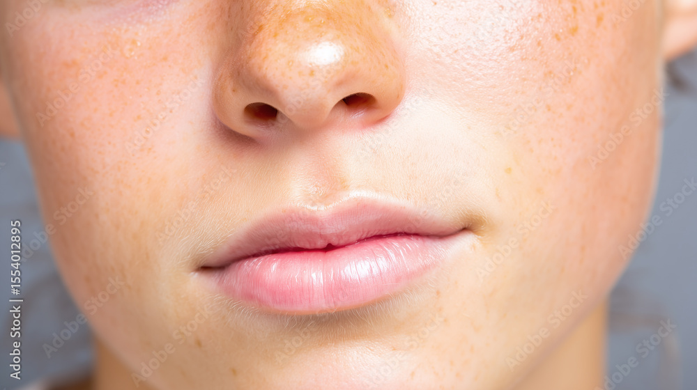 Fototapeta premium Macro close up of philtrum area showing natural skin texture with freckles and soft lips under natural light, highlighting delicate facial features and smooth skin tone