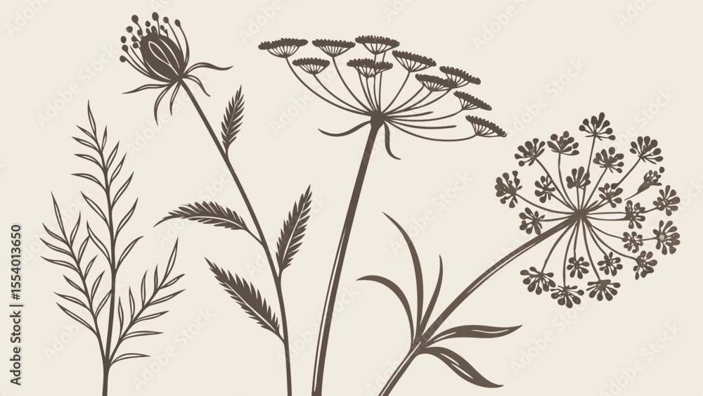 Fototapeta premium Vintage Wildflower Botanical Sketches – Hand-Drawn Floral Silhouettes