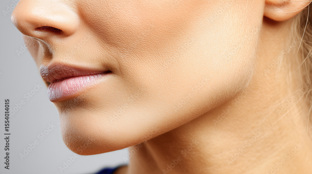 Obraz premium Macro portrait of jaw corner and neck base with smooth skin texture and gentle lighting, highlighting natural beauty and soft lips in close up view