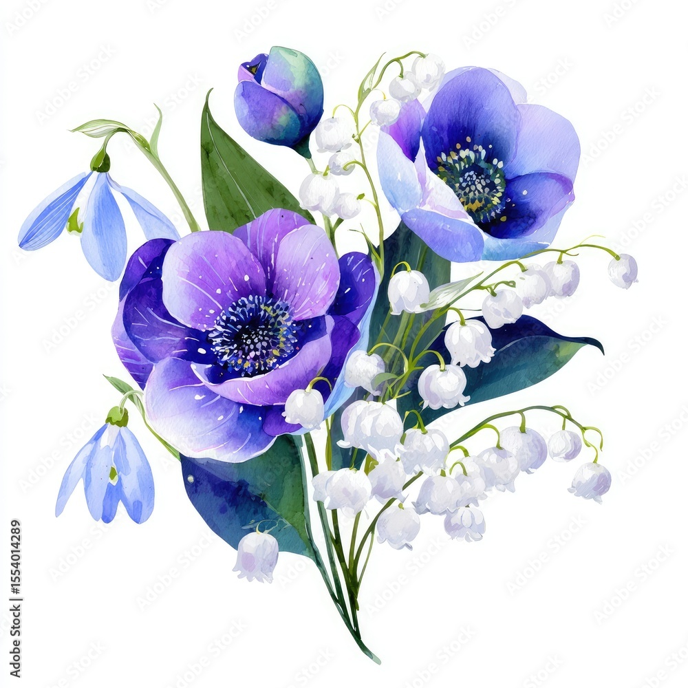 Fototapeta premium Watercolor bouquet of purple and blue anemones, snowdrops, and lily of the valley
