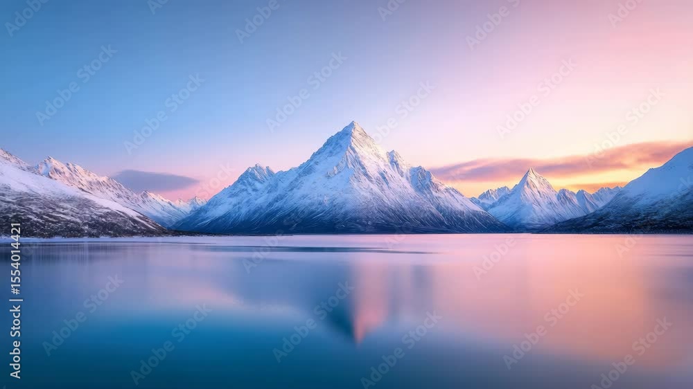 Snowy mountain peak reflection on calm lake water during colorful sunset sky with soft pastel tones creating serene nature landscape and peaceful atmosphere Snowy mountain peak reflection on calm lake water during colorful sunset sky with soft pastel tones creating serene nature landscape and peaceful atmosphere