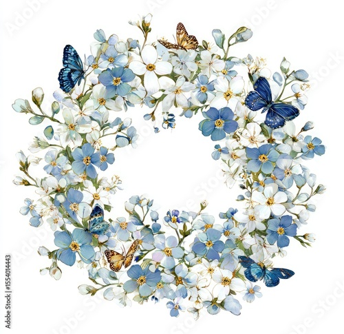 Delicate floral wreath of blue and white flowers with butterflies
