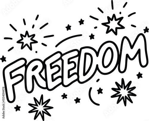 Embracing Limitless Horizons: a black and white graphic illustration featuring the word "Freedom" with starbursts.