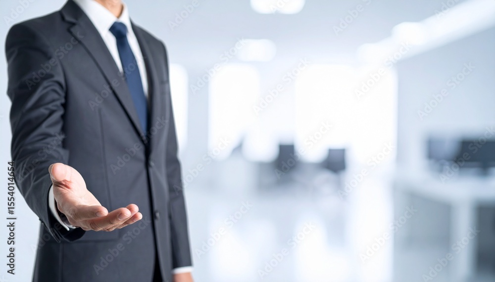 Business wallpaper with blurry office interior and a man in a suit looking large to the right Business wallpaper with blurry office interior and a man in a suit looking large to the right