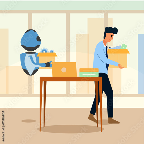 AI robot replacing human workers vector illustration