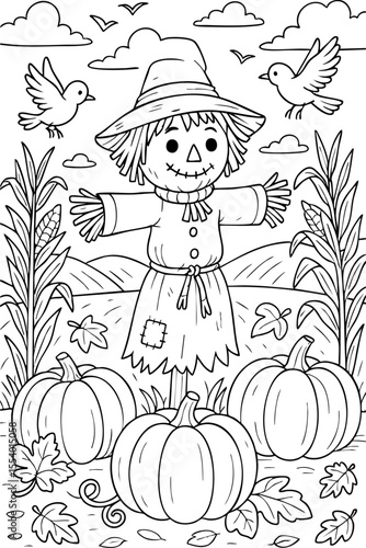 Scarecrow with pumpkins and corn in fall field, festive autumn coloring page