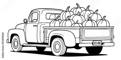 Retro pickup truck loaded with pumpkins. Transparent background clipart ideal for fall decorations, farm-themed designs, or Thanksgiving graphics.

