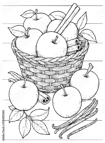 Basket of apples with cinnamon and vanilla sticks. Autumn still life illustration for coloring books.