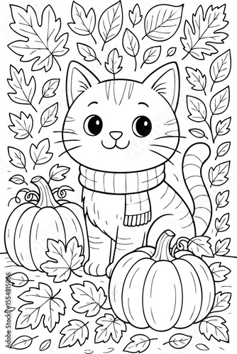 Cute fall coloring page with a kitten in a scarf, surrounded by pumpkins and leaves. Ideal for kids and autumn crafts.