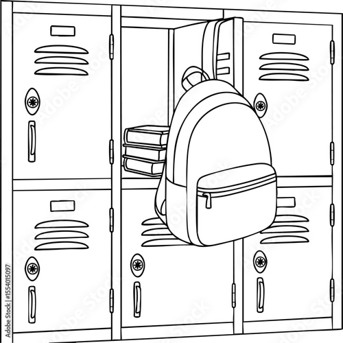 Back to school coloring page with backpack hanging in open locker