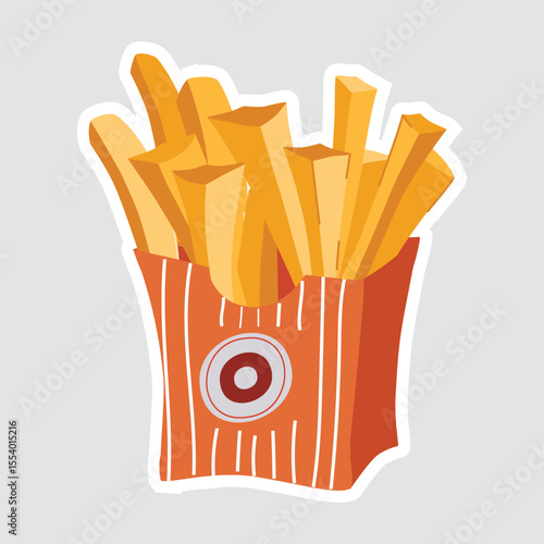 Crispy French Fries Vector Sticker. A tasty vector illustration of a French fries pack with golden, crispy fries. Perfect for fast food stickers, packaging, and snack-themed designs