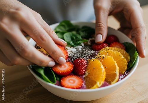 Wallpaper Mural Close-up of hands arranging fresh strawberries, orange slices, spinach, and chia seeds on a vibrant smoothie bowl, highlighting a healthy and delicious breakfast or snack option Torontodigital.ca