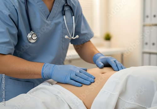 Wallpaper Mural A healthcare professional in blue gloves performs a medical examination, gently palpating a patient's abdomen with their hands to assess their condition Torontodigital.ca