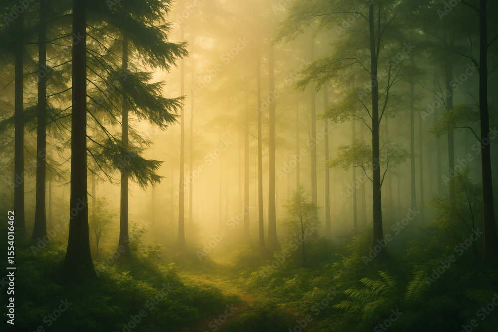 Naklejka premium Dreamy forest background with mist and sunlight. Peaceful green woodland atmosphere, ideal for fantasy or nature scenes.