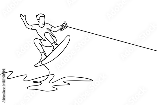 Simple continuous line drawing of an isolated man wakeboarding
