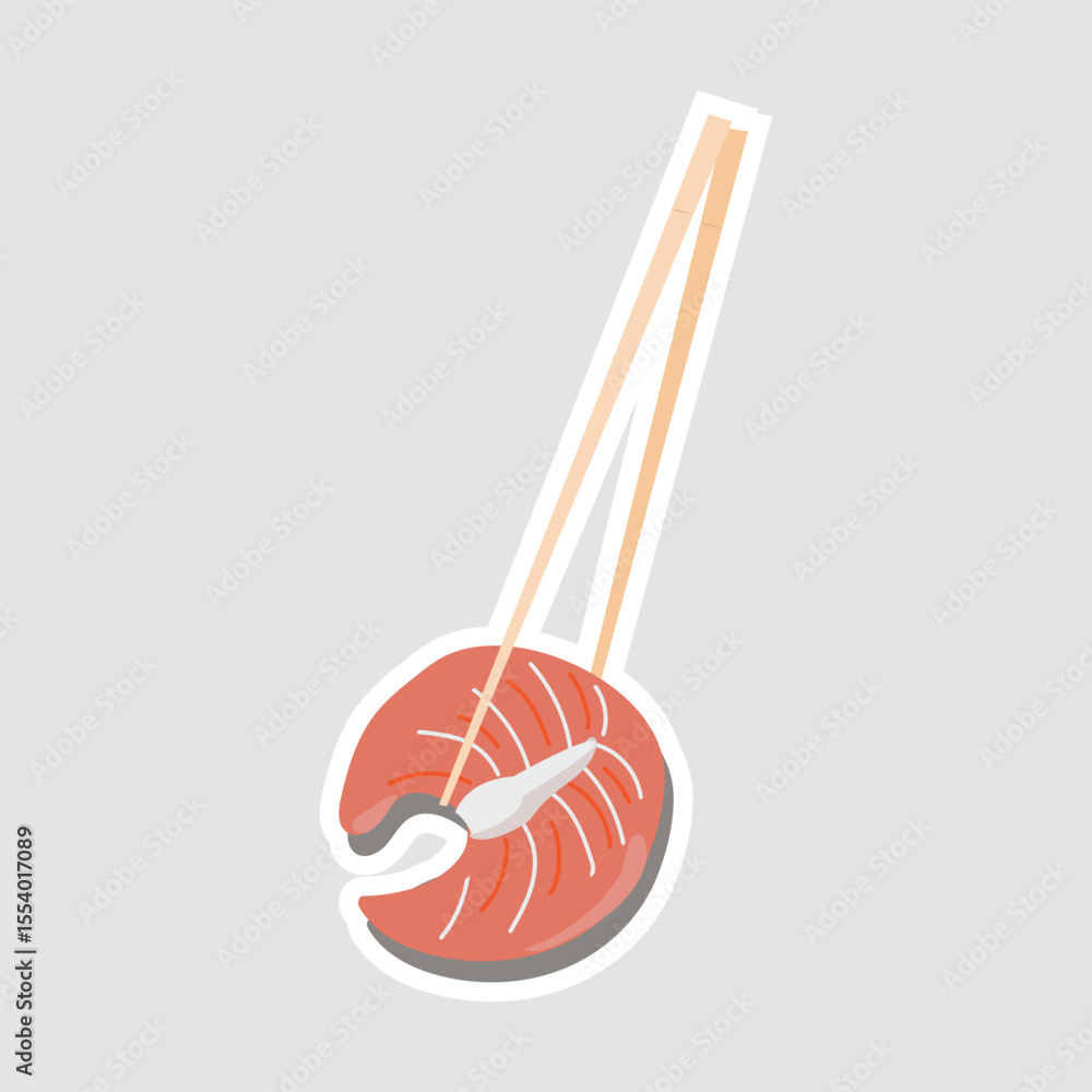 Obraz premium Salmon Sushi with Chopsticks Vector Sticker. A vector Illustration sticker of fresh salmon sushi held by chopsticks. Perfect for food lovers, Japanese cuisine themes, and culinary designs