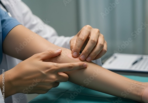 Wallpaper Mural Doctor examining a patient's arm for a skin condition or rash, close-up shot focusing on the doctor's hands and the patient's skin detail Torontodigital.ca