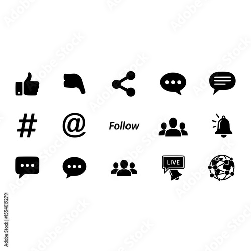 Social media marketing follow like share comment hashtag at mention group live notification communication icons