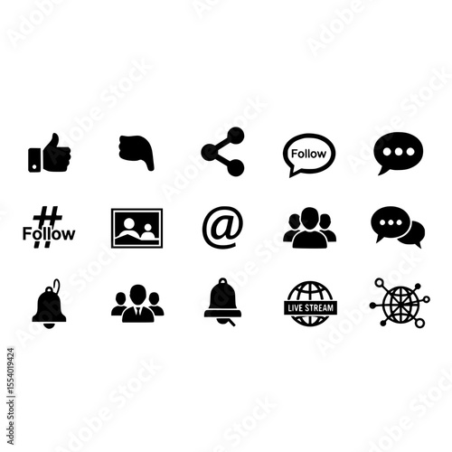 Social media follow like share comment notification live stream global connect icons vector design set is here