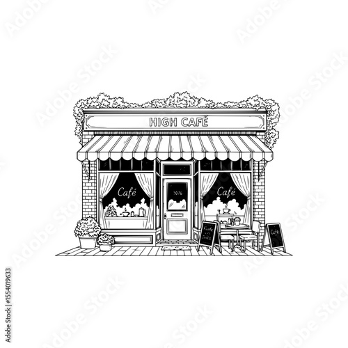 Cafe storefront drawing illustration of a high cafe with awning and outdoor seating cafe illustration