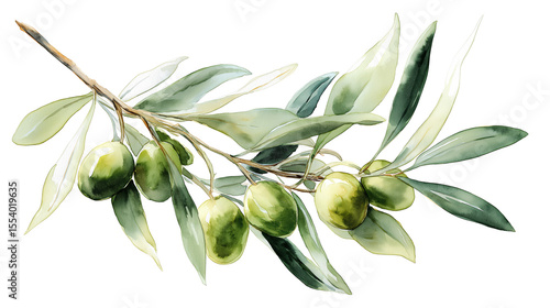 Watercolor botanical illustration of an olive branch with green olives and leaves