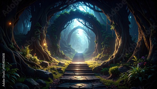 Pixelated Fantasy Forest Path With Glowing Steps