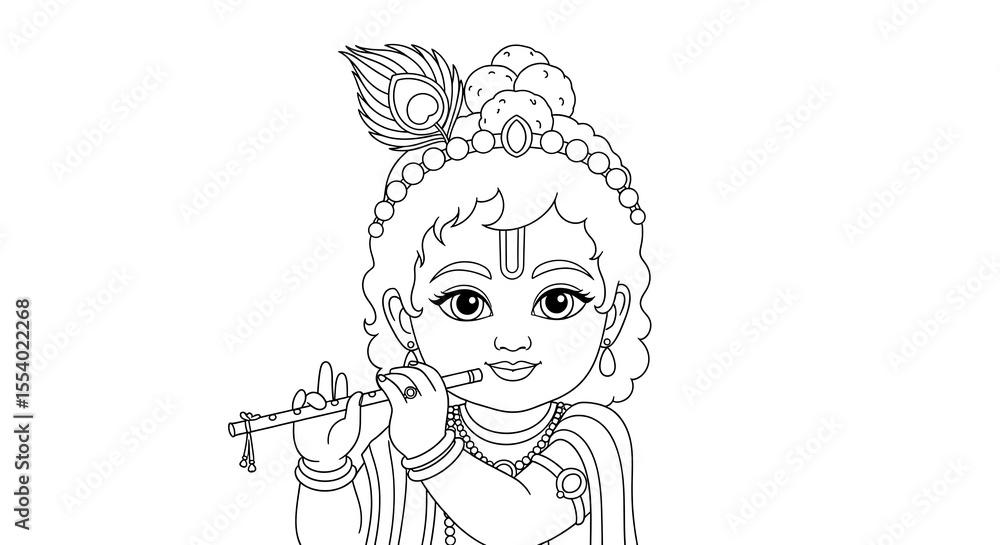 Cute cartoon baby krishna playing flute with peacock feather isolated on transparent background Cute cartoon baby krishna playing flute with peacock feather isolated on transparent background
